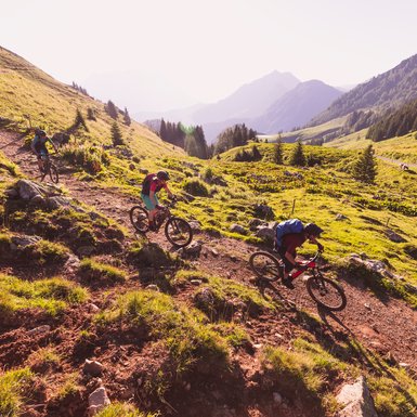 Three friends are biking in the mountains of Fieberbrunn 